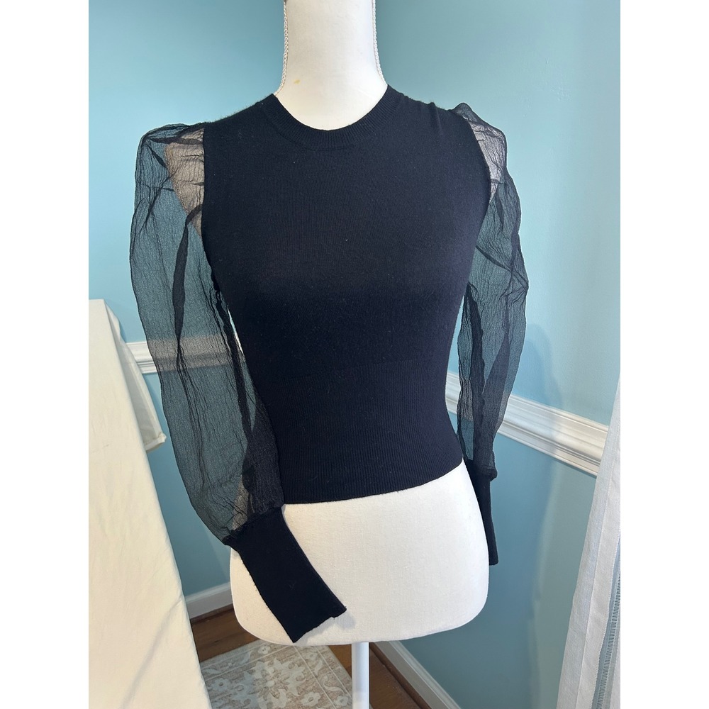 Idem Ditto Black Sheer Puff Sleeve Knit Top Crew Neck Ribbed Cuffs Style size‎ S